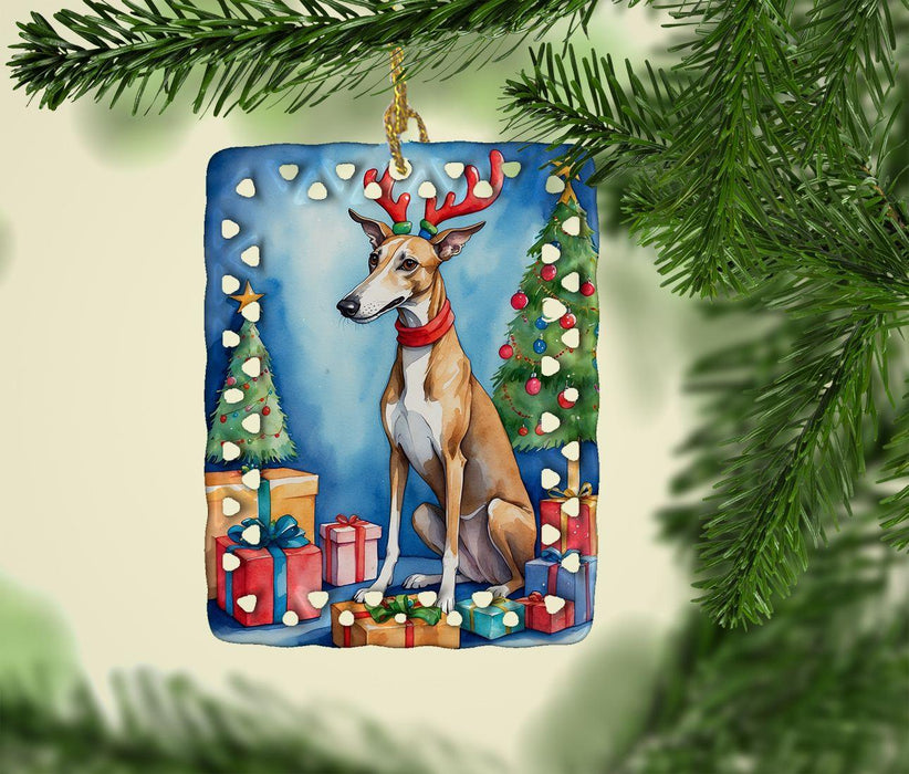 Greyhound Christmas Reindeer Porcelain Ornament Christmas Tree Hanging Decorations for Home Christmas Holiday, Rectangle, Gift, Multicolor