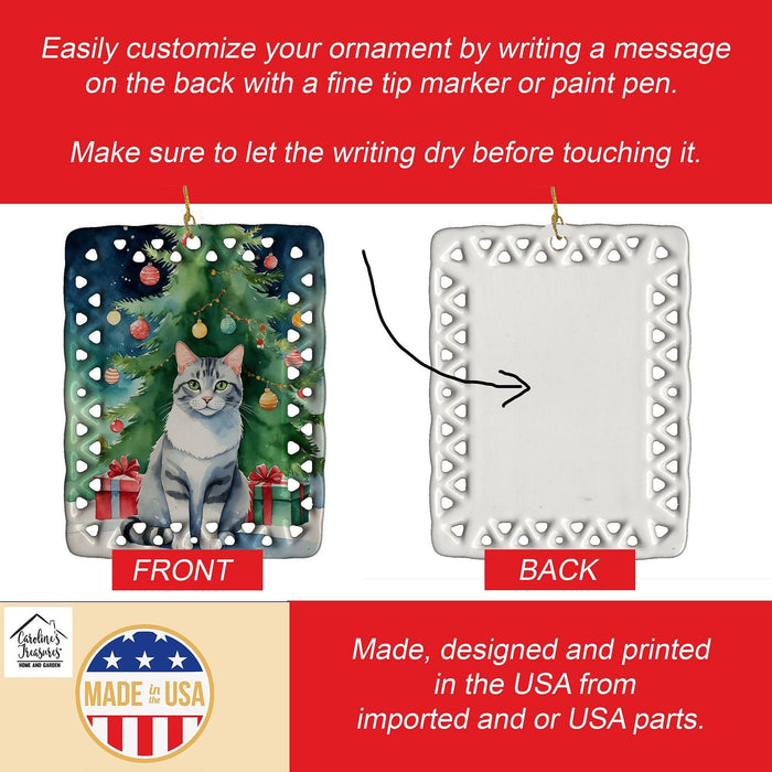 Aegean Cat By the Christmas Tree Porcelain Ornament Christmas Tree Hanging Decorations for Home Christmas Holiday, Rectangle, Gift, Multicolor