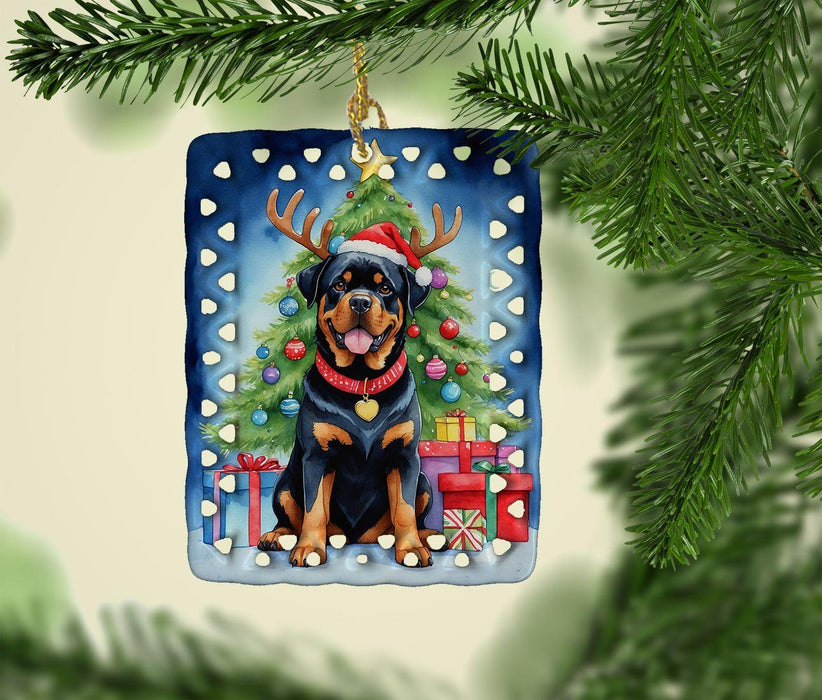 Rottweiler Christmas Reindeer Porcelain Ornament Christmas Tree Hanging Decorations for Home Christmas Holiday, Rectangle, Gift, Multicolor