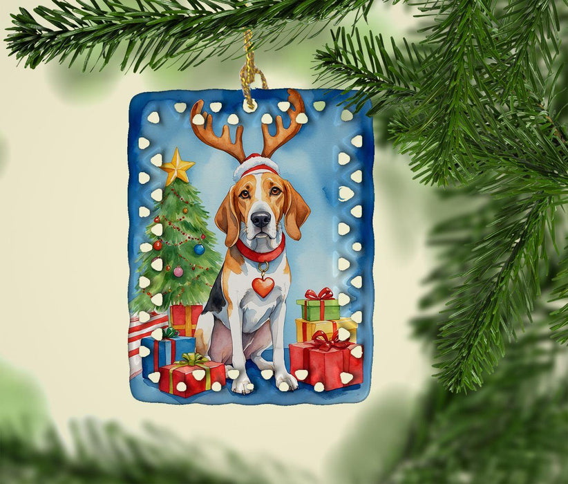 English Foxhound Christmas Reindeer Porcelain Ornament Christmas Tree Hanging Decorations for Home Christmas Holiday, Rectangle, Gift, Multicolor