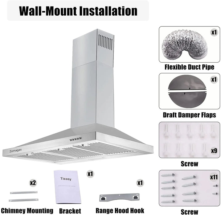 Range Hood 36 Inch; Wall Mount Vent Hood in Stainless Steel with Ducted/Ductless Convertible Duct; 3 Speed Exhaust Fan; Energy Saving LED Light; Push Button Control; 3 Pcs Baffle Filters