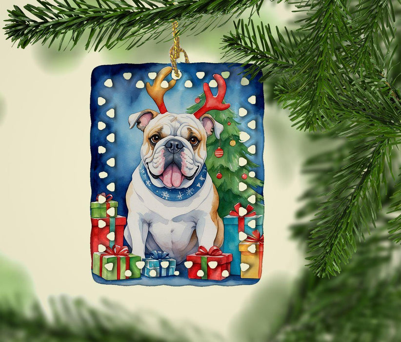 White English Bulldog Christmas Reindeer Porcelain Ornament Christmas Tree Hanging Decorations for Home Christmas Holiday, Rectangle, Gift, Multicolor