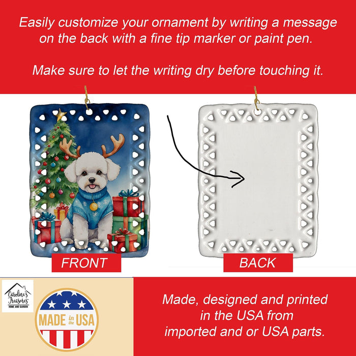 Bichon Frise Christmas Reindeer Porcelain Ornament Christmas Tree Hanging Decorations for Home Christmas Holiday, Rectangle, Gift, Multicolor