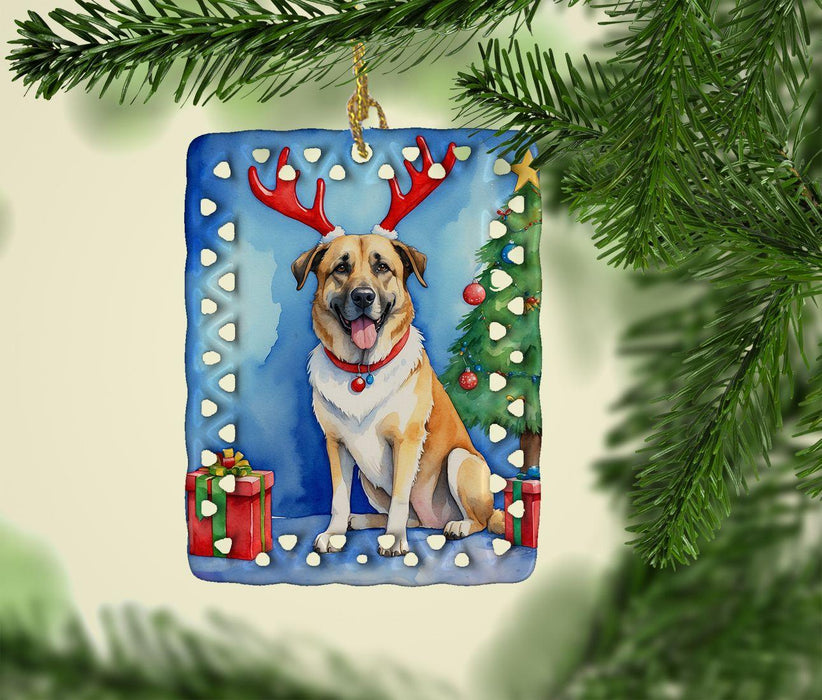 Anatolian Shepherd Dog Christmas Reindeer Porcelain Ornament Christmas Tree Hanging Decorations for Home Christmas Holiday, Rectangle, Gift, Multicolor