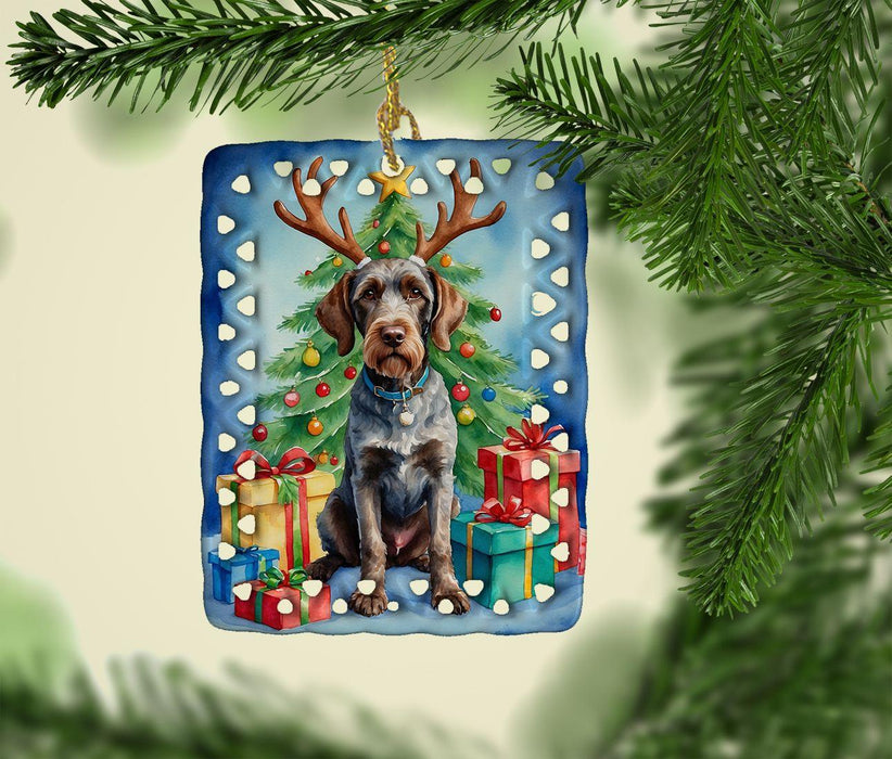 German Wirehaired Pointer Christmas Reindeer Porcelain Ornament Christmas Tree Hanging Decorations for Home Christmas Holiday, Rectangle, Gift, Multicolor