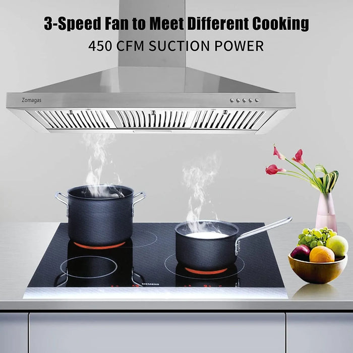 Range Hood 36 Inch; Wall Mount Vent Hood in Stainless Steel with Ducted/Ductless Convertible Duct; 3 Speed Exhaust Fan; Energy Saving LED Light; Push Button Control; 3 Pcs Baffle Filters