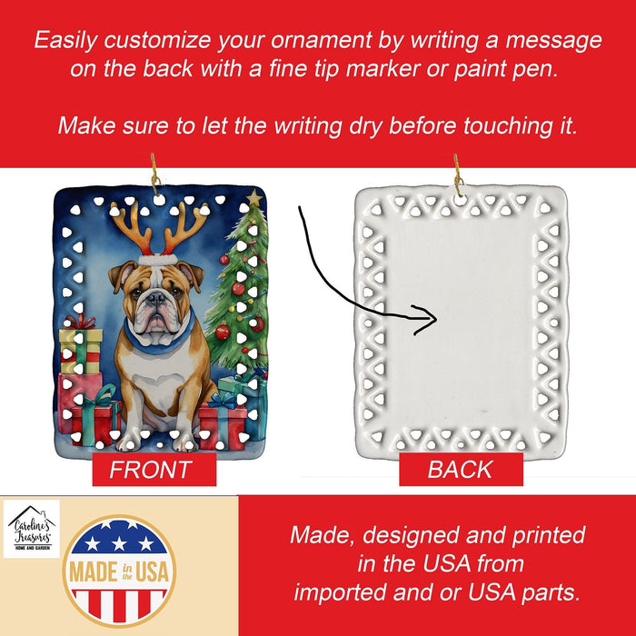 English Bulldog Christmas Reindeer Porcelain Ornament Christmas Tree Hanging Decorations for Home Christmas Holiday, Rectangle, Gift, Multicolor