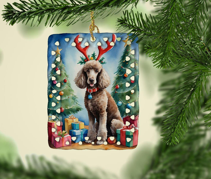 Chocolate Standard Poodle Christmas Reindeer Porcelain Ornament Christmas Tree Hanging Decorations for Home Christmas Holiday, Rectangle, Gift, Multicolor