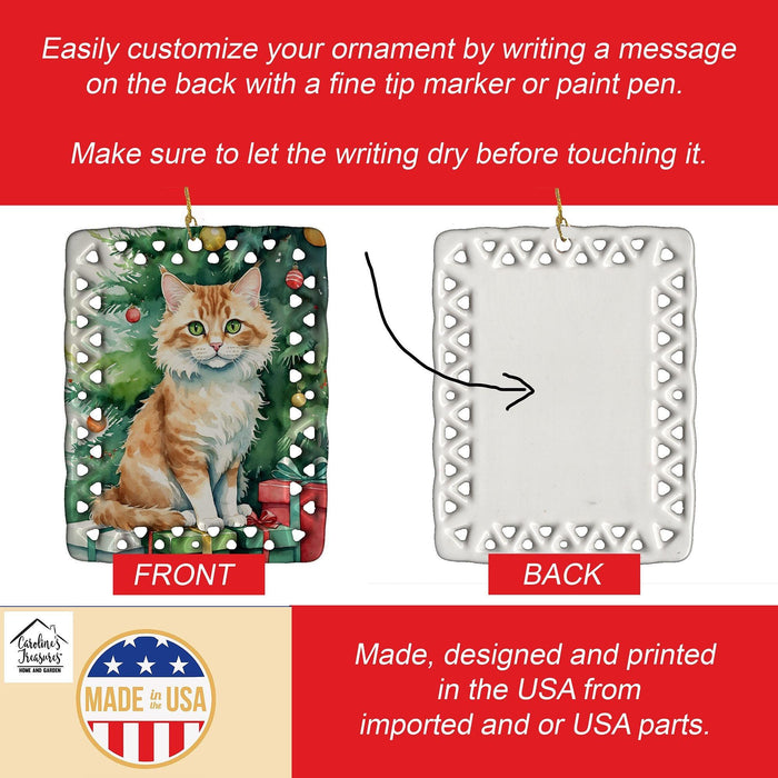 Skookum Cat By the Christmas Tree Porcelain Ornament Christmas Tree Hanging Decorations for Home Christmas Holiday, Rectangle, Gift, Multicolor