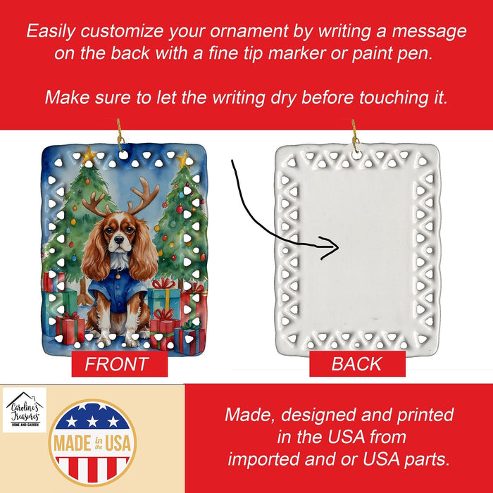 Cavalier Spaniel Christmas Reindeer Porcelain Ornament Christmas Tree Hanging Decorations for Home Christmas Holiday, Rectangle, Gift, Multicolor