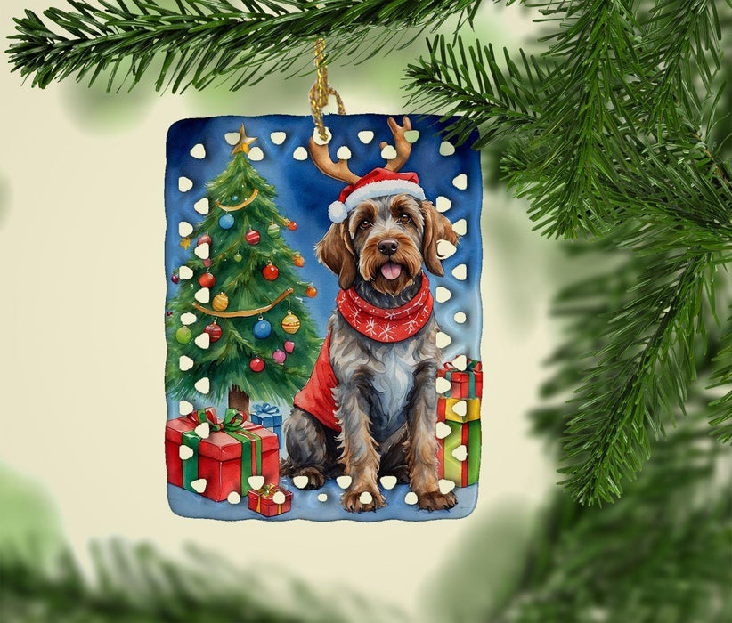 Wirehaired Pointing Griffon Christmas Reindeer Porcelain Ornament Christmas Tree Hanging Decorations for Home Christmas Holiday, Rectangle, Gift, Multicolor