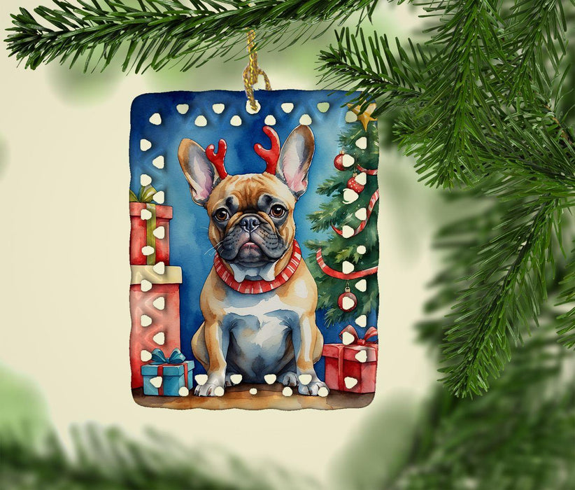 French Bulldog Christmas Reindeer Porcelain Ornament Christmas Tree Hanging Decorations for Home Christmas Holiday, Rectangle, Gift, Multicolor