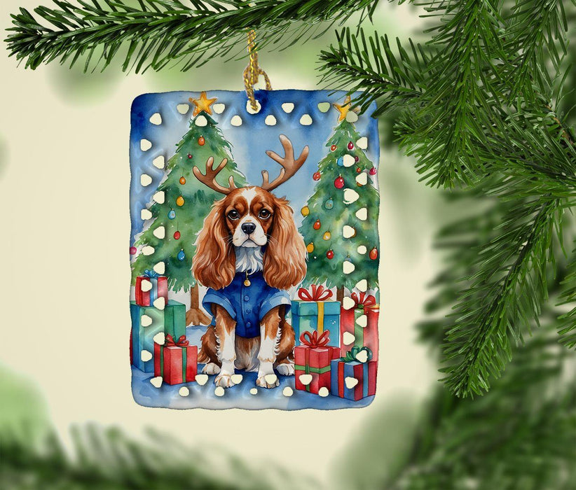 Cavalier Spaniel Christmas Reindeer Porcelain Ornament Christmas Tree Hanging Decorations for Home Christmas Holiday, Rectangle, Gift, Multicolor
