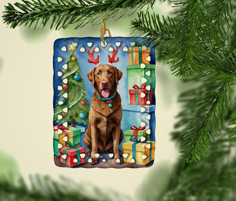 Chesapeake Bay Retriever Christmas Reindeer Porcelain Ornament Christmas Tree Hanging Decorations for Home Christmas Holiday, Rectangle, Gift, Multicolor