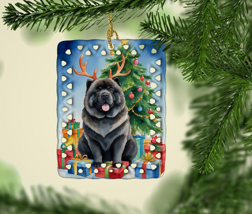 Black Chow Chow Christmas Reindeer Porcelain Ornament Christmas Tree Hanging Decorations for Home Christmas Holiday, Rectangle, Gift, Multicolor