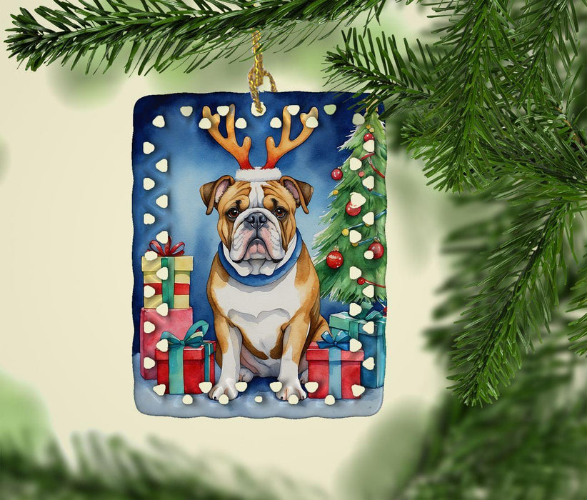 English Bulldog Christmas Reindeer Porcelain Ornament Christmas Tree Hanging Decorations for Home Christmas Holiday, Rectangle, Gift, Multicolor