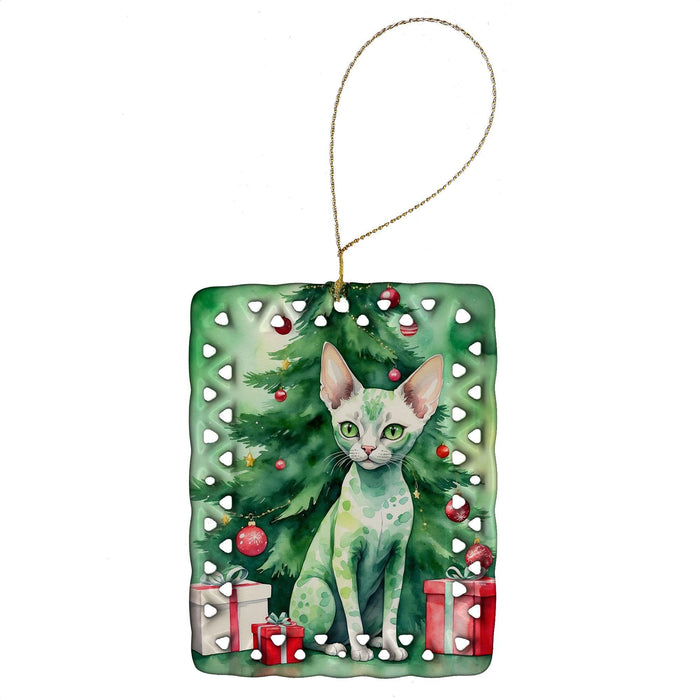 Devon Rex Cat By the Christmas Tree Porcelain Ornament Christmas Tree Hanging Decorations for Home Christmas Holiday, Rectangle, Gift, Multicolor - DTYStore