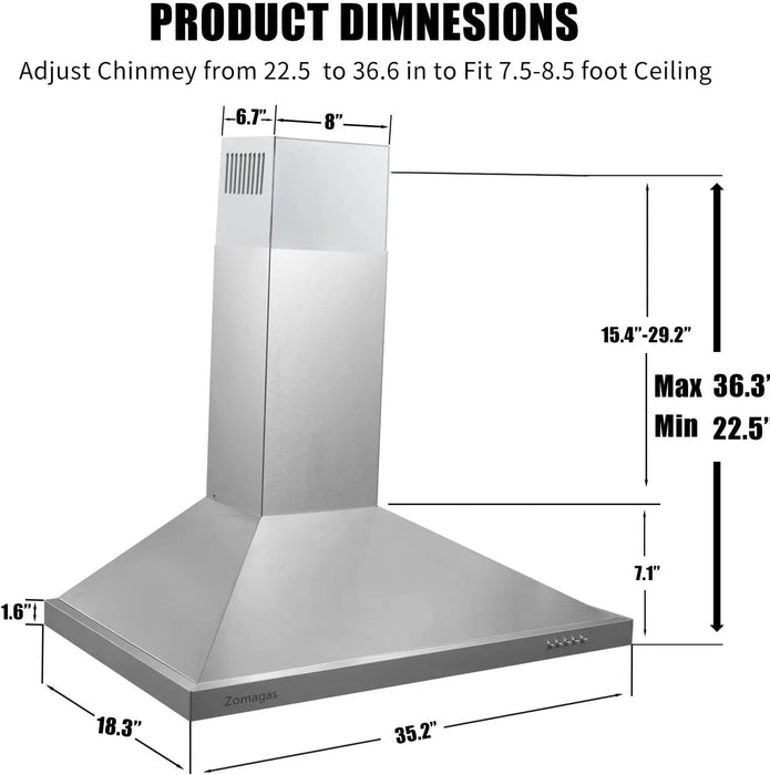 Range Hood 36 Inch; Wall Mount Vent Hood in Stainless Steel with Ducted/Ductless Convertible Duct; 3 Speed Exhaust Fan; Energy Saving LED Light; Push Button Control; 3 Pcs Baffle Filters