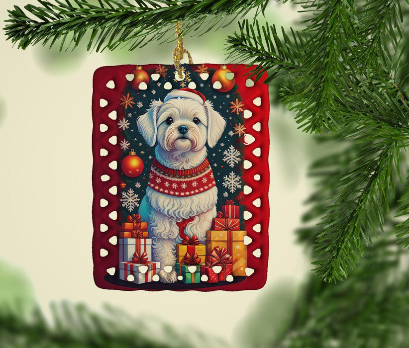 Maltese Holiday Christmas Porcelain Ornament Christmas Tree Hanging Decorations for Home Christmas Holiday, Rectangle, Gift, Multicolor