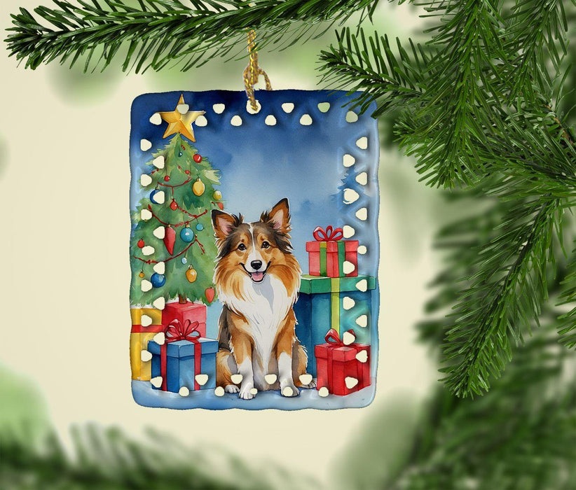 Sheltie Christmas Reindeer Porcelain Ornament Christmas Tree Hanging Decorations for Home Christmas Holiday, Rectangle, Gift, Multicolor