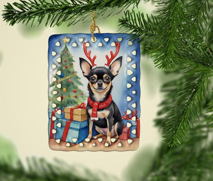 Black and Tan Chihuahua Christmas Reindeer Porcelain Ornament Christmas Tree Hanging Decorations for Home Christmas Holiday, Rectangle, Gift, Multicolor