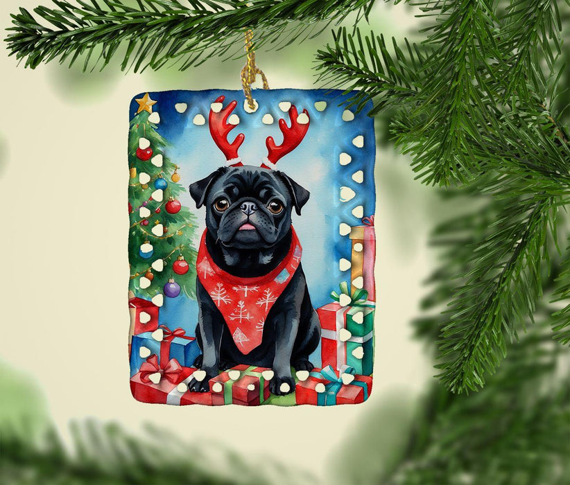 Black Pug Christmas Reindeer Porcelain Ornament Christmas Tree Hanging Decorations for Home Christmas Holiday, Rectangle, Gift, Multicolor