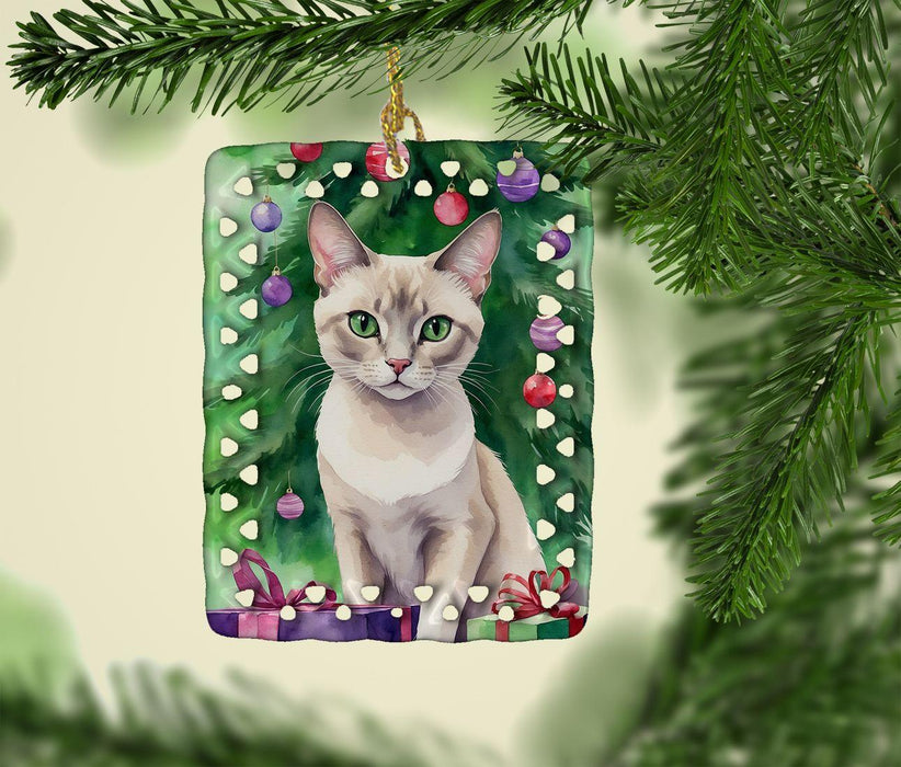 Thai Lilac Cat By the Christmas Tree Porcelain Ornament Christmas Tree Hanging Decorations for Home Christmas Holiday, Rectangle, Gift, Multicolor