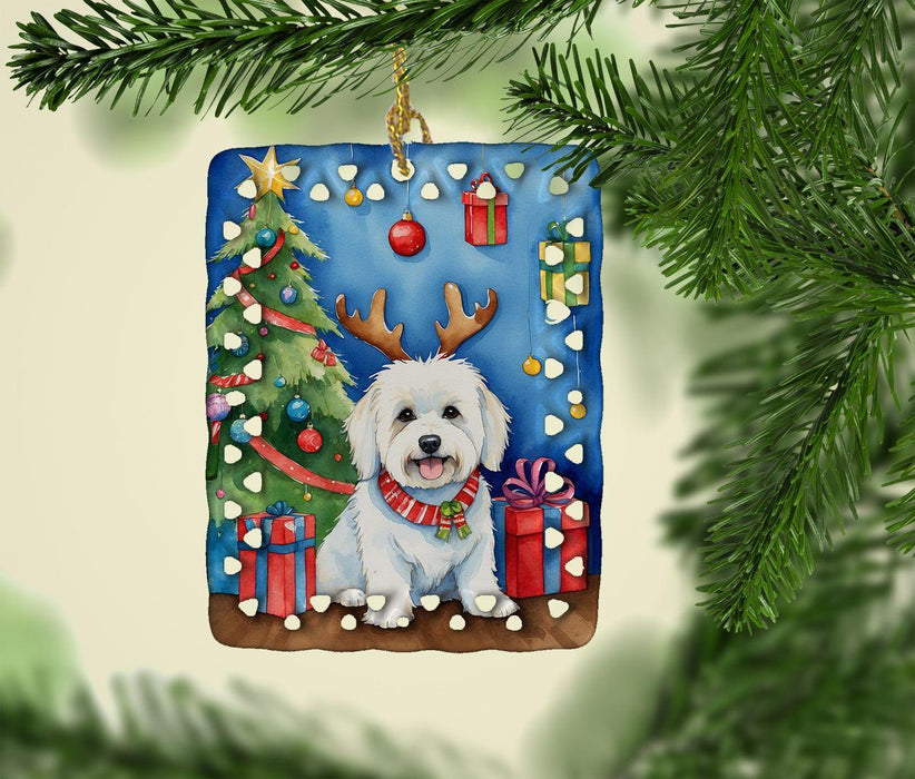 Coton de Tulear Christmas Reindeer Porcelain Ornament Christmas Tree Hanging Decorations for Home Christmas Holiday, Rectangle, Gift, Multicolor