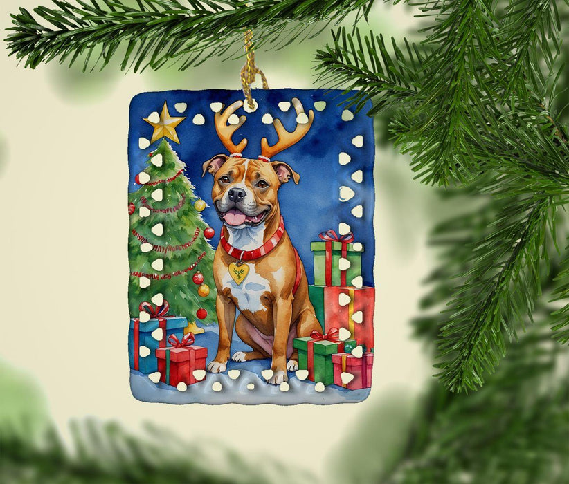 Staffordshire Bull Terrier Christmas Reindeer Porcelain Ornament Christmas Tree Hanging Decorations for Home Christmas Holiday, Rectangle, Gift, Multicolor