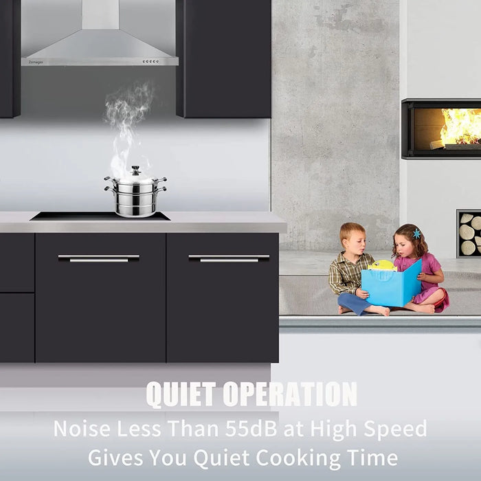 Range Hood 36 Inch; Wall Mount Vent Hood in Stainless Steel with Ducted/Ductless Convertible Duct; 3 Speed Exhaust Fan; Energy Saving LED Light; Push Button Control; 3 Pcs Baffle Filters