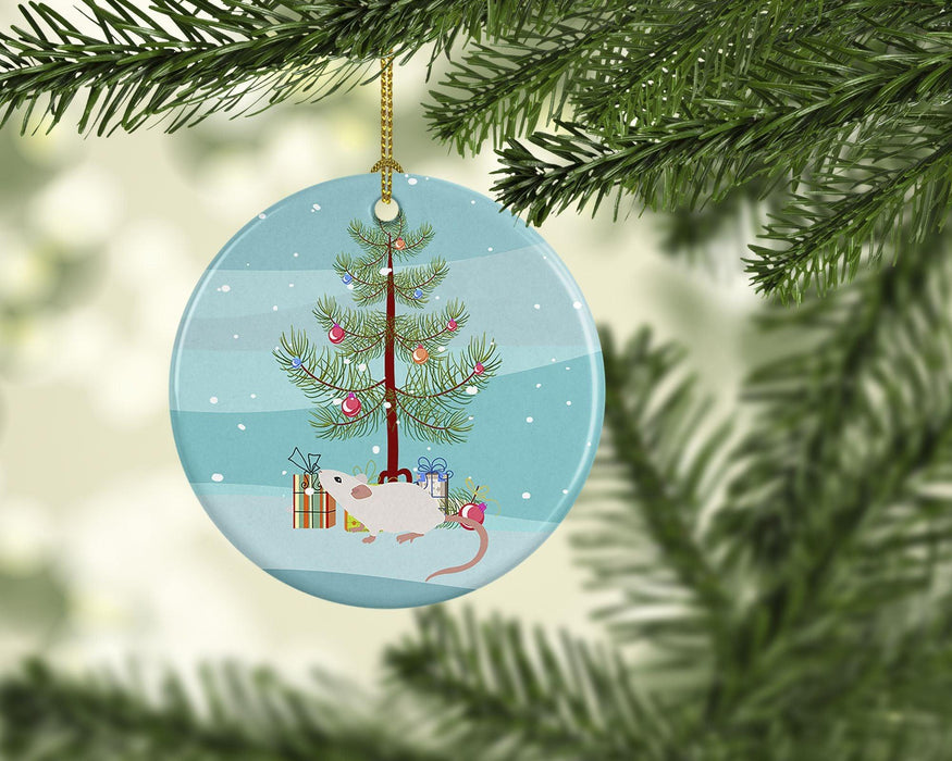 White Domestic Mouse Merry Christmas Ceramic Ornament Christmas Tree Hanging Decorations for Home Christmas Holiday, Party, Gift, 3 in, Multicolor
