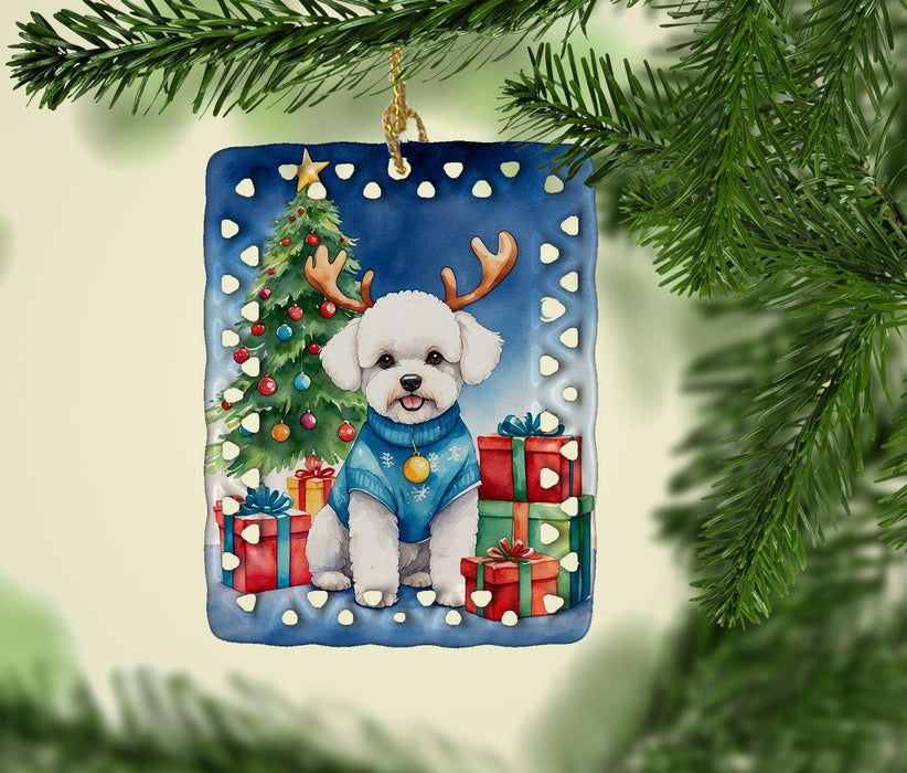 Bichon Frise Christmas Reindeer Porcelain Ornament Christmas Tree Hanging Decorations for Home Christmas Holiday, Rectangle, Gift, Multicolor