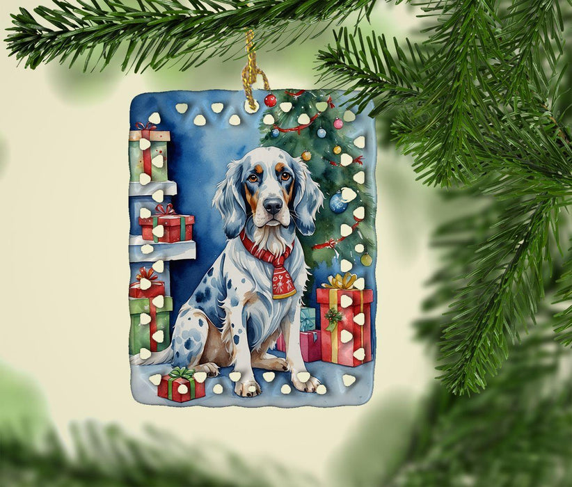 English Setter Christmas Reindeer Porcelain Ornament Christmas Tree Hanging Decorations for Home Christmas Holiday, Rectangle, Gift, Multicolor