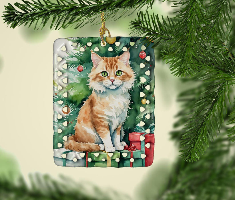 Skookum Cat By the Christmas Tree Porcelain Ornament Christmas Tree Hanging Decorations for Home Christmas Holiday, Rectangle, Gift, Multicolor