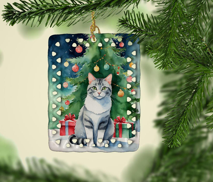 Aegean Cat By the Christmas Tree Porcelain Ornament Christmas Tree Hanging Decorations for Home Christmas Holiday, Rectangle, Gift, Multicolor