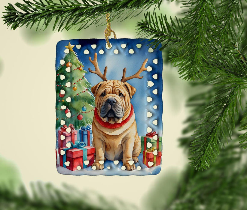 Shar Pei Christmas Reindeer Porcelain Ornament Christmas Tree Hanging Decorations for Home Christmas Holiday, Rectangle, Gift, Multicolor