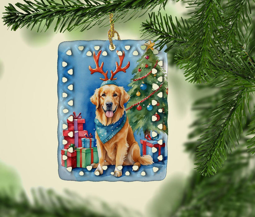 Golden Retriever Christmas Reindeer Porcelain Ornament Christmas Tree Hanging Decorations for Home Christmas Holiday, Rectangle, Gift, Multicolor