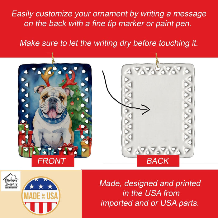 White English Bulldog Christmas Reindeer Porcelain Ornament Christmas Tree Hanging Decorations for Home Christmas Holiday, Rectangle, Gift, Multicolor
