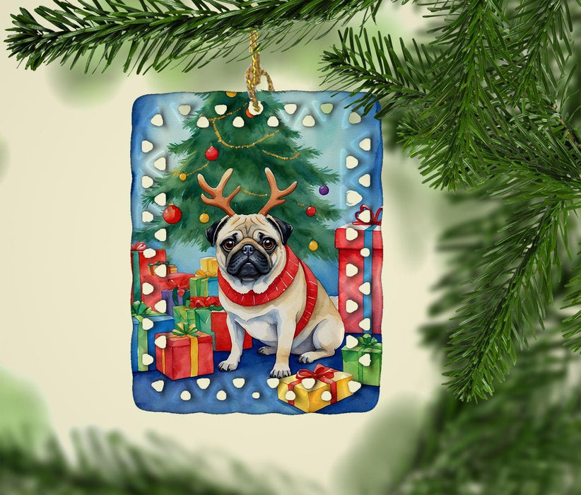 Pug Christmas Reindeer Porcelain Ornament Christmas Tree Hanging Decorations for Home Christmas Holiday, Rectangle, Gift, Multicolor