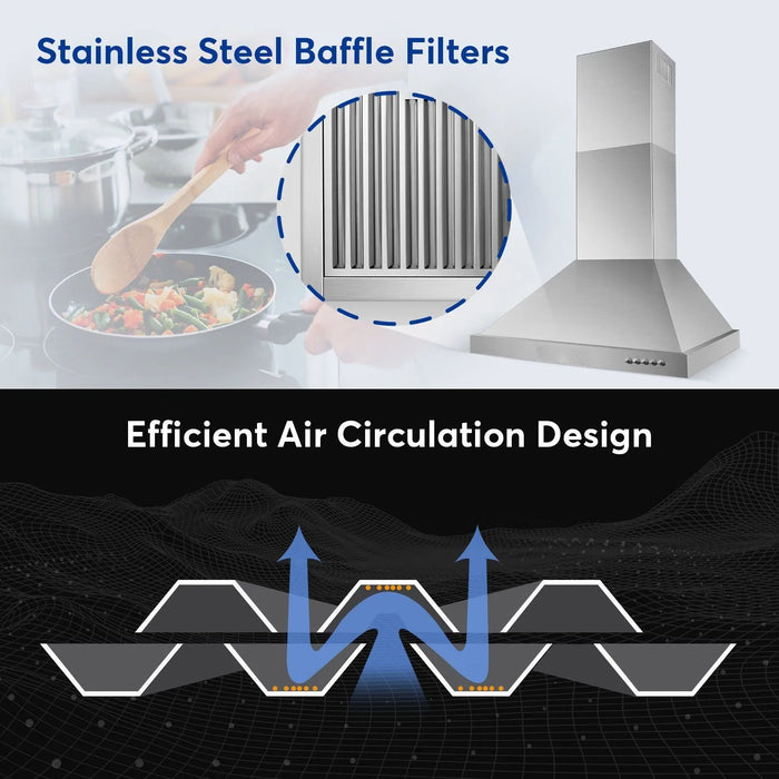 Range Hood 36 Inch; Wall Mount Vent Hood in Stainless Steel with Ducted/Ductless Convertible Duct; 3 Speed Exhaust Fan; Energy Saving LED Light; Push Button Control; 3 Pcs Baffle Filters