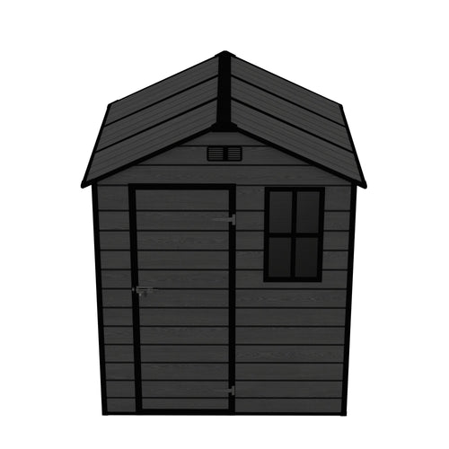Campcraft 6*6ft resin storage shed, high quality pp material, strong structure, waterproof, rust and UV proof, large storage space, 12mm thick pp board, HD window lighting Black wood grain color - Image 13