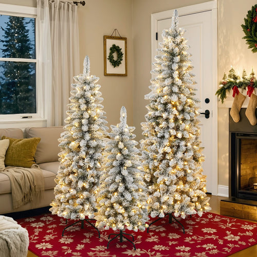 3 Pcs Flocked Artificial Christmas Tree Set with Lights, 4ft 5ft 6ft Christmas Snow Tree Set, Christmas Decor - Image 2