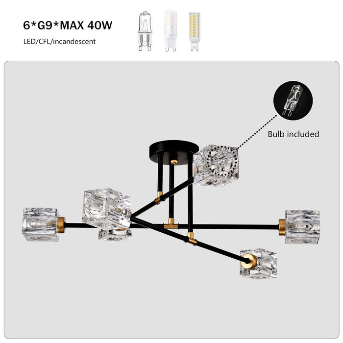 Modern Ceiling Lamp with Light Fixture (6*G9 Bulbs Included),Modern Semi Flush Mount Light Fixture Crystal Chandelier for Dining Room, Bedroom, Living Room--Matte Black 
+Matte Gold - DTYStore