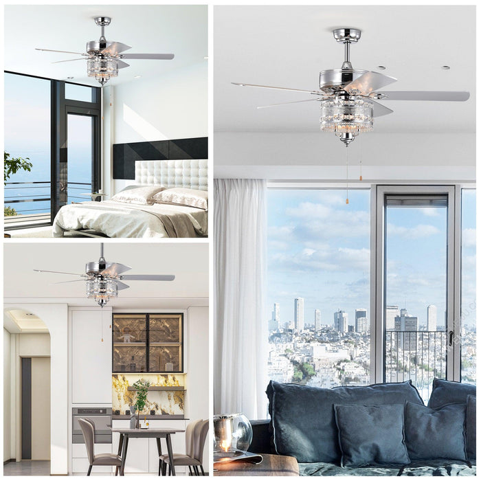 52'' Classical Crystal Ceiling Fan Lamp 5 Reversible Blades for Living Room, Dining Room, Bedroom, Family Room, Chrome (Hand Pull Chain) - DTYStore