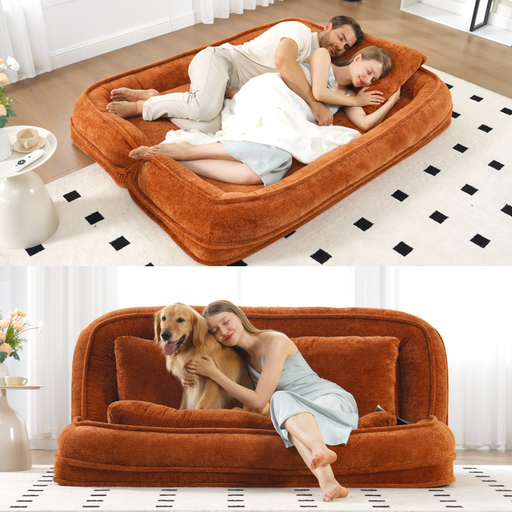 [NEW ARRIVED] [VIDEO PROVIDED] Double human dog bed,Lazy sofa ,Loveseat,Fits You & Pets,Extra Large Floor Couch,Can sit or lie down,2-in-1,5 Adjustable Position, Plump Pillow,2 Seat,Chenille,Orange