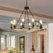 Rustic Farmhouse 10-Light Candle Chandelier, Black Metal and Wood Round Hanging Light Fixture for Dining Room, Kitchen, Living Room, Adjustable Height, E12 Bulb Base (No Bulbs) - DTYStore