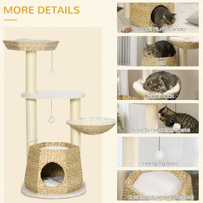 47" Cat Tree Kitty Activity Center, Cat Climbing Toy with Cattail Fluff, Bed, Condo, Sisal Scratching Post, and Hanging Ball, Natural - DTYStore