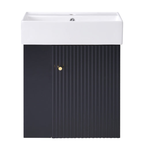 Modern Floating Bathroom Vanity with Ceramic Basin and Left Side Storage - Black, MDF, 21.6 inches - Image 1