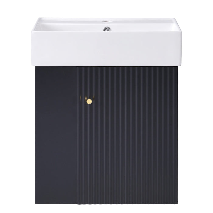 Modern Floating Bathroom Vanity with Ceramic Basin and Left Side Storage - Black, MDF, 21.6 inches