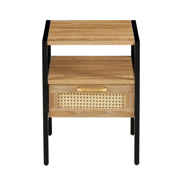Set of 2, 15.75" Rattan End table with drawer, Modern nightstand, metal legs,side table for living room, bedroom,natural
